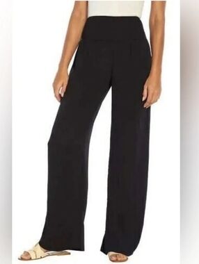 Three Dots Black Wide-Leg Smocked Waist Crinkled Pants Vacay Resortwear Summer L